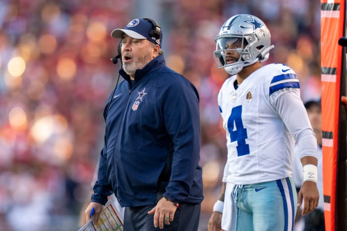 October 8, 2023; Santa Clara, California, USA; Dallas Cowboys head coach Mike McCarthy (left) and quarterback Dak Prescott (4) watch against the San Francisco 49ers. Mandatory Credit: Kyle Terada-USA TODAY Sports